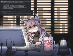 Rule 34 | 1girl, 4chan, animal ear fluff, animal ears, artist name, blush, breasts, brown hair, cat ears, closed mouth, commentary, crying, crying with eyes open, cup, english commentary, english text, girls&#039; frontline neural cloud, highres, indoors, keyboard (computer), lab coat, long hair, looking at screen, medium breasts, monitor, mug, persicaria (neural cloud), serjatronic, shaking, sitting, solo, sweater, tears, typing, upper body
