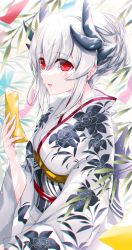 Rule 34 | 1girl, dragon girl, dragon horns, fate/grand order, fate (series), highres, horns, japanese clothes, kimono, kiyohime (fate), kiyohime (third ascension) (fate), long hair, morizono shiki, multiple horns, obi, open mouth, red eyes, sash, solo, tanabata, upper body, white hair, wide sleeves