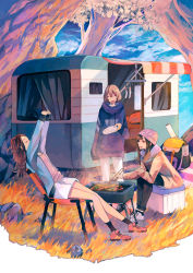 Rule 34 | 3girls, ^ ^, arms up, awning, backpack, bag, bare legs, beanie, black legwear, black pants, bob cut, brown eyes, brown hair, camper trailer, chair, closed eyes, cloud, coat, cooking, cooler, curtains, food, fur trim, grass, grill, grilling, hat, highres, holding, holding plate, hood, hood down, hoodie, jacket, knit hat, laundry, leaning back, leaning forward, long hair, long sleeves, looking at another, meat, multiple girls, nanakawa (nanasoon), nature, open clothes, open jacket, open mouth, original, outdoors, outstretched arms, own hands together, pants, plate, recreational vehicle, rock, shoes, short hair, shorts, sitting, sky, smile, smoke, sneakers, socks, standing, stretching, teeth, tongs, trailer, tree, unworn backpack, unworn bag, unworn socks, vehicle, white pants, white shorts