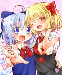 Rule 34 | 2girls, ahoge, arm around shoulder, arm around waist, ascot, black dress, blue dress, blue eyes, blush, bow, cirno, dress, fang, hair bow, hair ribbon, heart, ice, ice wings, long hair, looking at viewer, multiple girls, namino., one eye closed, open mouth, red eyes, ribbon, rumia, shirt, smile, touhou, v, very long hair, wings