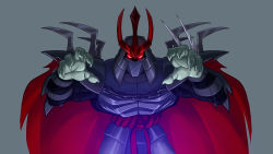 Rule 34 | 1boy, armor, arms up, black armor, cape, capelet, claw (weapon), commentary, emilio lopez, english commentary, fingernails, full armor, glowing, glowing eyes, grey background, helmet, long fingernails, looking at viewer, male focus, mask, official art, red cape, red eyes, shoulder armor, shoulder spikes, shredder (tmnt), solo, spikes, teenage mutant ninja turtles, weapon