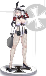 Rule 34 | 1girl, absurdres, adapted costume, anchor earrings, animal ears, between breasts, black footwear, black gloves, blonde hair, bodysuit, breasts, capelet, celtic knot, cross, earrings, fake animal ears, fishnet bodysuit, fishnets, full body, gloves, graf zeppelin (kancolle), grey eyes, hair between eyes, hat, high heels, highres, iron cross, jewelry, kantai collection, konoshige (ryuun), large breasts, leotard, necktie, necktie between breasts, pantyhose, peaked cap, playboy bunny, rabbit ears, red necktie, shrug (clothing), sidelocks, solo, standing, twintails, white hat, white leotard, wrist cuffs