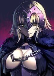 Rule 34 | armor, blonde hair, bosshi, breasts, capelet, chain, cleavage, commentary request, fate/grand order, fate (series), fur trim, grin, headpiece, highres, jeanne d&#039;arc (fate), jeanne d&#039;arc (ruler) (fate), jeanne d&#039;arc alter (avenger) (fate), jeanne d&#039;arc alter (fate), large breasts, smile, teeth, underboob, upper body, yellow eyes