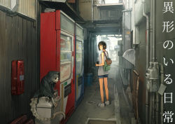 Rule 34 | 1girl, backpack, bag, blush, brown hair, camera, closed mouth, expressionless, holding, holding camera, looking at viewer, original, outdoors, scenery, shoes, short hair, sneakers, solo, trash can, yoshida seiji