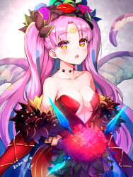 Rule 34 | 1girl, bare shoulders, blush, breasts, collarbone, commentary request, crescent, crescent facial mark, dated, dress, facial mark, fate/grand order, fate (series), flower, forehead mark, hair flower, hair ornament, holding, horns, ishtar (fate), long hair, long sleeves, looking at viewer, medium breasts, multicolored eyes, multicolored hair, open mouth, parted bangs, pilokey, pink flower, pink hair, purple flower, purple hair, red flower, signature, solo, space ishtar (fate), space ishtar (third ascension) (fate), strapless, teeth, two-tone hair, two side up, upper body, upper teeth only, very long hair, wings