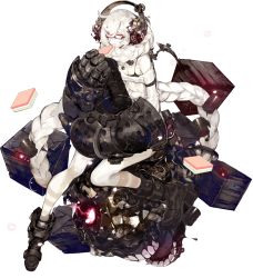 Rule 34 | 1girl, absurdly long hair, abyssal ship, akira (kadokawa), bare shoulders, bikini, bikini top only, blue eyes, boots, bra strap, braid, crate, drum (container), full body, giant hand, glasses, hair scarf, headphones, hishimochi, kantai collection, long hair, machinery, mechanical arms, official art, pale skin, power fist, single mechanical arm, socks, solo, striped clothes, striped legwear, striped socks, supply depot princess, swimsuit, transparent background, very long hair, white hair