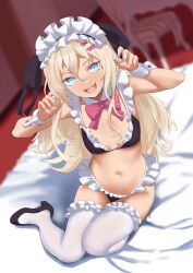 Rule 34 | 1girl, alternate costume, bed, bikini, black bikini, black footwear, blonde hair, blue eyes, blurry, bow, chair, commentary request, depth of field, detached collar, enmaided, fingernails, frilled thighhighs, frills, grecale (kancolle), hair between eyes, hair bow, highres, kantai collection, long hair, looking at viewer, maid, maid bikini, maid headdress, open mouth, pink bow, shingyou (alexander-13), sidelocks, smile, solo, swimsuit, thighhighs, unconventional maid, upper body, white thighhighs, wrist cuffs
