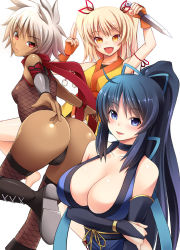 Rule 34 | 3girls, :d, ass, bent over, black hair, black panties, blonde hair, blue eyes, blush, boots, breast hold, breasts, bridal gauntlets, cameltoe, character request, cima (harem series), cleavage, cover, cover page, cross-laced footwear, crossed arms, dalshena (harem series), dark-skinned female, dark skin, elise (harem series), fang, fishnets, hair ribbon, harem temptation, huge breasts, lace-up boots, large breasts, legs, long hair, looking back, multiple girls, ninja, novel, oogami yuuki, open mouth, panties, ponytail, red eyes, ribbon, short hair, silver hair, small breasts, smile, standing, standing on one leg, thighhighs, thighs, thong, underwear, weapon, yellow eyes