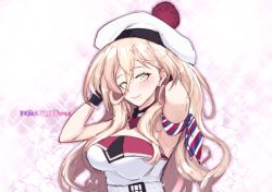 Rule 34 | 1girl, arm scarf, beret, blush, breasts, character name, dress, ear piercing, flower, gloves, green eyes, hands in hair, hat, jewelry, kantai collection, large breasts, lips, long hair, looking at viewer, mole, mole under eye, mole under mouth, piercing, pom pom (clothes), richelieu (kancolle), ryuu tou, simple background, sleeveless, sleeveless dress, smile, solo, sparkle, upper body, very long hair
