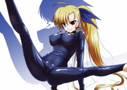 Rule 34 | 10s, 1girl, adapted costume, barefoot, blonde hair, bodysuit, breasts, covered erect nipples, covered navel, heterochromia, long hair, looking at viewer, lyrical nanoha, mahou shoujo lyrical nanoha vivid, medium breasts, aged up, side ponytail, simple background, skin tight, smile, solo, split, spread legs, tappa (esperanza), vivio