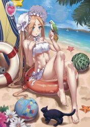 Rule 34 | 1girl, abigail williams (fate), abigail williams (swimsuit foreigner) (fate), abigail williams (swimsuit foreigner) (third ascension) (fate), bare shoulders, beach, bikini, bird, blonde hair, blue eyes, blush, bonnet, bow, breasts, cat, commentary, fate/grand order, fate (series), forehead, ge (zmq67911029), hair bow, long hair, miniskirt, navel, parakeet, parted bangs, shore, sidelocks, skirt, small breasts, swimsuit, twintails, very long hair, white bikini, white bow, white headwear