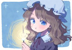 Rule 34 | 1girl, :t, asymmetrical bangs, blue background, blue eyes, border, brown hair, closed mouth, collared shirt, curly hair, dango, eating, food, frilled hat, frills, hat, highres, holding, holding stick, long hair, looking at viewer, maribel hearn, nama udon, neck ribbon, purple shirt, red ribbon, ribbon, shirt, signature, solo, sparkle, stick, touhou, tsukimi dango, upper body, wagashi, white border