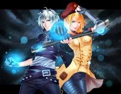 Rule 34 | 1boy, 1girl, alternate costume, alternate eye color, alternate hair color, armor, belt, blonde hair, blue eyes, ezreal, fingerless gloves, frosted ezreal, gauntlets, gloves, goggles, goggles on head, grin, hat, heterochromia, hikarusorano, imperial lux, league of legends, lux (league of legends), open mouth, red eyes, short hair, silver hair, smile, spikes, staff, weapon