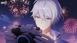Rule 34 | 1boy, blue eyes, blue shirt, camera, eyebrows hidden by hair, firework background, fireworks, highres, honkai (series), honkai impact 3rd, kevin kaslana, looking down, male focus, new year, night, official art, official wallpaper, shirt, smile, taking picture, white hair