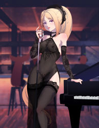 Rule 34 | 1girl, absurdres, aki rosenthal, asymmetrical bangs, bar (place), bare shoulders, black dress, blonde hair, bob cut, detached sleeves, dress, highres, hoanglong13hl1, holding, holding microphone, hololive, instrument, lipstick, makeup, microphone, microphone stand, parted bangs, piano, ponytail, purple eyes, short hair, solo, thighhighs, virtual youtuber
