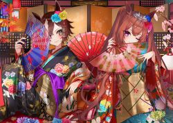 Rule 34 | 2girls, absurdres, animal ears, black kimono, branch, brown eyes, brown hair, closed mouth, daiwa scarlet (umamusume), flower, folding fan, folding screen, hand fan, hands up, highres, holding, holding fan, horse ears, japanese clothes, kimono, lantern, leaf, lips, long hair, long sleeves, looking at another, looking at viewer, maple leaf, multicolored clothes, multicolored kimono, multiple girls, nail polish, oil-paper umbrella, one eye closed, piyokuma, purple eyes, red nails, short hair, sitting, smile, tiara, twintails, umamusume, umbrella, vodka (umamusume), wide sleeves