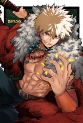 Rule 34 | 1boy, abs, artist name, bakugou katsuki, blonde hair, blurry, boku no hero academia, border, cape, commentary, detached sleeves, earrings, english commentary, fur-trimmed cape, fur trim, grin, hair between eyes, highres, holding, jewelry, looking at viewer, male focus, necklace, no nipples, no shirt, official alternate costume, outside border, red cape, red eyes, sanpaku, short hair, smile, solo, sony (gaysony), spiked hair, toned, toned male, tooth necklace, torn cape, torn clothes, v-shaped eyebrows, white border