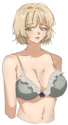 Rule 34 | 1girl, 44baby44, blonde hair, bra, breasts, brown eyes, collarbone, commentary request, cropped torso, dungeon meshi, expressionless, falin touden, falin touden (tallman), frilled bra, frills, grey bra, highres, large breasts, looking at viewer, parted lips, short hair, simple background, solo, underwear, upper body, white background