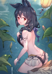 Rule 34 | 1girl, animal ears, ass, backless bikini bottom, bare shoulders, bikini, black bikini, black hair, blue bow, blush, bow, breasts, butt crack, commentary, duplicate, erune, granblue fantasy, hair between eyes, halterneck, hand up, highres, lantern, long hair, looking at viewer, looking back, medium breasts, nier (granblue fantasy), nier (lover by the lily lake) (granblue fantasy), parted lips, rain, red eyes, ripples, smile, solo, swimsuit, symbol-only commentary, uneg, water