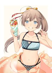 Rule 34 | 10s, 1girl, ahoge, bare shoulders, bikini, blue eyes, blush, brown hair, collarbone, commentary request, crepe, food, fruit, hair ribbon, kantai collection, kazagumo (kancolle), long hair, looking at viewer, navel, open mouth, ponytail, ribbon, smile, solo, striped bikini, striped clothes, swimsuit, tsurime, ume (plumblossom)