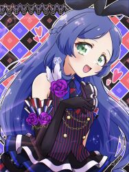 Rule 34 | 1girl, :d, animal ears, aoba rinka, bare shoulders, black gloves, blue hair, blue shirt, blush, braid, chii (chi pppuri), collared shirt, cowboy shot, elbow gloves, fake animal ears, flower, french braid, gloves, green eyes, hand up, heart, highres, kiratto pri chan, layered skirt, long hair, looking at viewer, open mouth, outline, parted bangs, pretty series, purple flower, purple rose, rabbit ears, rose, shirt, skirt, smile, solo, standing, white outline