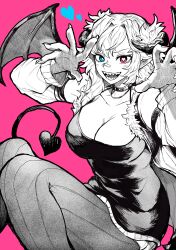 Rule 34 | 1girl, absurdres, blue eyes, breasts, cleavage, collar, commission, copyright request, demon girl, demon horns, demon tail, demon wings, fingernails, greyscale, heart, heart-shaped pupils, heterochromia, highres, horns, jacket, large breasts, long sleeves, looking at viewer, monochrome, open clothes, open jacket, open mouth, pink background, pointy ears, red eyes, sharp teeth, short hair, simple background, skeb commission, smile, solo, spiked collar, spikes, symbol-shaped pupils, tail, teeth, wings, yotsumi shiro