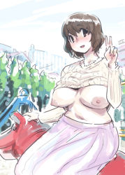 Rule 34 | )(, 1girl, bad id, bad pixiv id, blush, breasts, brown hair, clothes lift, day, exhibitionism, kaqo, large breasts, long skirt, looking at viewer, mature female, nipples, no bra, open mouth, original, outdoors, playground, plump, public indecency, shirt lift, short hair, sitting, skirt, smile, solo, sweater, v