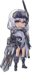 Rule 34 | 1girl, armor, armored boots, boots, chibi, cloak, closed mouth, disgustingtokki, goddess of victory: nikke, highres, long hair, mecha musume, mechanical arms, shoulder armor, simple background, single mechanical arm, snow white (nikke), solo, torn cloak, torn clothes, visor (armor), weapon behind back, white background, white cloak, white hair, yellow eyes