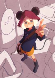 Rule 34 | androgynous, animal ears, aqua eyes, bag, eighth note, from above, gender request, highres, kunitarou-art, looking at viewer, mouse ears, mouse tail, musical note, original, parted lips, shadow, short hair, shorts, shoulder bag, smile, solo, speech bubble, spoken musical note, tail, v, white hair, yellow shorts
