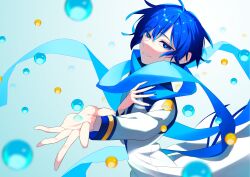 Rule 34 | 1boy, absurdres, blue eyes, blue hair, blue nails, blue scarf, bubble, coat, commentary request, floating, floating hair, gradient background, highres, kaito (vocaloid), light smile, long scarf, looking at viewer, male focus, nail polish, outstretched arms, scarf, shio ice, simple background, smile, upper body, vocaloid, white coat