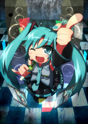 Rule 34 | 1girl, aqua eyes, aqua hair, blush, detached sleeves, fingernails, foreshortening, hatsune miku, headphones, holographic interface, holographic monitor, long hair, looking at viewer, microphone, nail polish, one eye closed, open mouth, ryuu (multitask), skirt, smile, solo, speaker, twintails, very long hair, vocaloid, wink