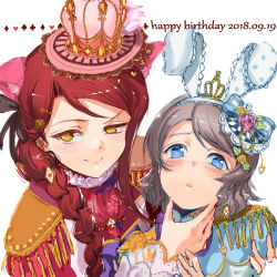 Rule 34 | &gt;:), 2girls, animal ears, black ribbon, blush, braid, card, cat ears, dated, earrings, epaulettes, fake animal ears, flower, gold trim, grey hair, hair flower, hair ornament, hair over shoulder, hair ribbon, hairband, hairclip, hairpin, hand on another&#039;s chin, happy birthday, hat, highres, jewelry, jyon, long hair, looking at viewer, love live!, love live! school idol festival, love live! sunshine!!, multiple girls, parted lips, pink flower, pink hat, pink rose, playing card, rabbit ears, red hair, ribbon, rose, sakurauchi riko, see-through, see-through sleeves, short hair, single braid, smile, tassel, tiara, upper body, watanabe you, white background, yellow eyes, yellow flower, yellow rose
