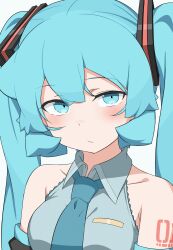 Rule 34 | 1girl, abmayo, animated, animated gif, bare shoulders, blinking, blue eyes, blue hair, blue necktie, breasts, closed mouth, collarbone, grey shirt, hair between eyes, hatsune miku, highres, looking at viewer, medium breasts, necktie, open mouth, shirt, sleeveless, sleeveless shirt, smile, solo, twintails, upper body, vocaloid