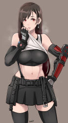 Rule 34 | 1girl, arm guards, black hair, black skirt, black sports bra, black thighhighs, breasts, breath, brown hair, butcha-u, clothes lift, crop top, cropped legs, earrings, elbow gloves, final fantasy, final fantasy vii, final fantasy vii remake, fingerless gloves, gloves, highres, jewelry, large breasts, long hair, looking at viewer, low-tied long hair, materia, red eyes, shirt lift, single arm guard, skirt, solo, sports bra, stomach, suspender skirt, suspenders, tank top, thighhighs, tifa lockhart, toned, white tank top, wiping face