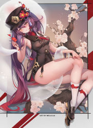 Rule 34 | 1girl, black hat, blush, breasts, brown hair, flower, genshin impact, hat, hat flower, highres, hu tao (genshin impact), long hair, looking at viewer, melailai, plum blossoms, red eyes, small breasts, solo, symbol-shaped pupils, twintails, very long hair