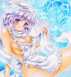 Rule 34 | 1girl, apron, at classics, blue eyes, blush, breasts, cleavage, female focus, large breasts, letty whiterock, light purple hair, light smile, looking at viewer, marker (medium), naked apron, ornament, sample watermark, short hair, solo, touhou, traditional media, watermark