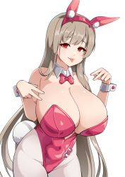 Rule 34 | 1girl, :p, ajidot, animal ears, bare shoulders, bow, bowtie, breasts, cleavage, cowboy shot, detached collar, fake animal ears, fake tail, goddess of victory: nikke, highleg, highleg leotard, highres, horns, huge breasts, leotard, light brown hair, long hair, official alternate costume, pantyhose, playboy bunny, rabbit ears, rabbit tail, red bow, red bowtie, red eyes, red horns, red leotard, sidelocks, simple background, solo, strapless, strapless leotard, tail, tongue, tongue out, v, very long hair, viper (nikke), viper (toxic rabbit) (nikke), white background, white pantyhose, wrist cuffs