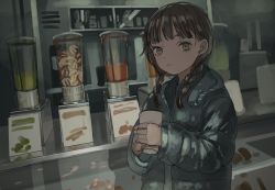 Rule 34 | 1girl, blender (object), braid, coat, cup, disposable cup, female focus, guro, holding, holding cup, looking at viewer, original, severed hand, solo, tensen (dotted line), twin braids