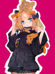 Rule 34 | 1girl, abigail williams (fate), abigail williams (traveling outfit) (fate), absurdres, bandaid, bandaid on face, bandaid on forehead, belt, black bow, black jacket, blonde hair, blue eyes, blush, bow, crossed bandaids, fate/grand order, fate (series), forehead, grandia lee, hair bow, hair bun, hands up, heroic spirit traveling outfit, high collar, highres, jacket, long hair, long sleeves, looking at viewer, multiple bows, official alternate costume, orange belt, orange bow, parted bangs, pink background, simple background, single hair bun, solo, stuffed animal, stuffed toy, teddy bear
