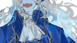 Rule 34 | 1boy, argalia (project moon), ascot, blue cape, blue jacket, cape, collared jacket, gold trim, jacket, library of ruina, long hair, nishikujic, open mouth, out of frame, project moon, sidelocks, simple background, smile, solo, upper body, very long hair, white ascot, white background, white hair