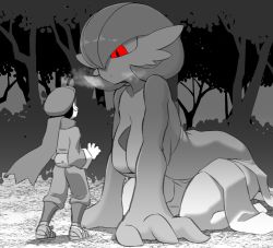 Rule 34 | 1boy, 1girl, alpha pokemon, arm support, bob cut, breasts, breath, bush, cabbie hat, cleavage, closed mouth, collarbone, creatures (company), expressionless, facing away, fanny pack, forest, full body, game freak, gardevoir, gen 3 pokemon, grass, greyscale, hair over one eye, hand up, hanging breasts, hat, highres, japanese clothes, kimono, large breasts, leaning forward, leg warmers, long sleeves, looking at another, looking down, looking up, monochrome, nature, nintendo, one eye covered, outdoors, pants, pero (pero7762), pokemon, pokemon (creature), pokemon legends: arceus, red eyes, rei (pokemon), sandals, scarf, short hair, sitting, size difference, spot color, standing, tree, wariza, wide sleeves