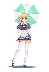 Rule 34 | 1girl, adapted costume, breasts, cleavage, cleavage cutout, clothing cutout, elbow gloves, gloves, green eyes, highres, isaki (gomi), looking at viewer, midriff, mizuhashi parsee, navel, pointy ears, ponytail, race queen, scarf, short hair, simple background, smile, solo, thighhighs, touhou, umbrella, white background, white gloves, white thighhighs, zettai ryouiki