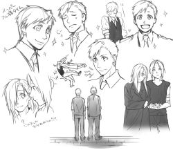 Rule 34 | 2boys, puff of air, alphonse elric, androgynous, arms at sides, arrow (symbol), black coat, black vest, breath, brothers, cheekbones, clenched hands, closed mouth, coat, collared shirt, cropped legs, cropped shoulders, crutch, edward elric, exhausted, facing away, falling, fingernails, from behind, full body, fullmetal alchemist, furrowed brow, greyscale, hair over one eye, head down, holding hands, light smile, long fingernails, long hair, looking afar, looking at another, looking at viewer, male focus, messy hair, monochrome, multiple boys, multiple views, necktie, noako, open mouth, oversized clothes, plaid, plaid neckwear, ponytail, rooftop, shirt, siblings, side-by-side, sigh, simple background, skinny, sleeves rolled up, smile, sparkle, standing, standing on roof, straight hair, sweatdrop, swept bangs, tareme, teeth, translation request, upper teeth only, vest, white background, wide-eyed