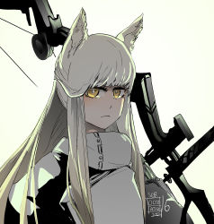 Rule 34 | 2021, animal ear fluff, animal ears, arknights, bow (weapon), commentary, english commentary, expressionless, frown, highres, horse ears, horse girl, looking at viewer, octodeco, platinum (arknights), simple background, solo, weapon, white hair, yellow eyes