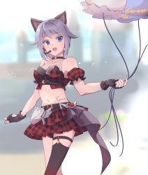 Rule 34 | 1girl, animal ears, balloon, belt, black belt, black gloves, black thighhighs, blue eyes, blurry, blurry background, blush, breasts, cat ears, cleavage, commentary request, feet out of frame, fishnet top, fishnets, gloves, grey hair, headset, heart, highres, hohohoi, holding, holding balloon, looking at viewer, medium breasts, midriff, navel, open mouth, plaid, plaid skirt, ragnarok online, ragnarok origin, red skirt, single thighhigh, skirt, smile, star (symbol), thighhighs