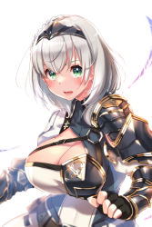 Rule 34 | 1girl, armor, black gloves, black hairband, braid, breasts, cleavage, cleavage cutout, clenched hands, clothing cutout, covered navel, eyebrows hidden by hair, female knight, fingerless gloves, gloves, hairband, highres, hololive, knight, large breasts, looking at viewer, mole, mole on breast, o-hako, open mouth, shirogane noel, shirogane noel (1st costume), short hair, silver hair, solo, virtual youtuber, white background