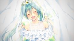 Rule 34 | 1girl, :d, ^ ^, bare shoulders, blush, closed eyes, commentary request, covered collarbone, curtains, dress, facing viewer, flower, flower wreath, green hair, green nails, hair between eyes, hands up, hatsune miku, head tilt, head wreath, long hair, nail polish, off-shoulder dress, off shoulder, open mouth, round teeth, shiomizu (swat), smile, solo, teeth, transparent, twintails, upper body, upper teeth only, vocaloid, white dress, white flower