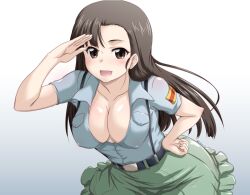 Rule 34 | 1girl, aoshidan school uniform, black hair, blush, breasts, brown eyes, cleavage, covered erect nipples, girls und panzer, hand on own hip, large breasts, long hair, looking at viewer, nishi kinuyo, no bra, open mouth, salute, school uniform, smile, solo, yts takana