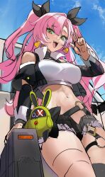Rule 34 | 1girl, :d, absurdres, aoi 13, bare shoulders, black jacket, black ribbon, black shorts, blue sky, breasts, clothing cutout, cloud, commentary, cowboy shot, cutoffs, day, green eyes, hair ribbon, highres, jacket, large breasts, long hair, long sleeves, looking at viewer, micro shorts, midriff, navel, nicole demara, open clothes, open fly, open jacket, open mouth, pink hair, ribbon, shorts, shoulder cutout, sky, smile, solo, standing, stomach, strapless, thighs, tube top, two side up, unfinished, very long hair, w, zenless zone zero