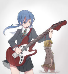 Rule 34 | 2girls, :/, blazer, blonde hair, blue eyes, blue hair, closed eyes, cowboy shot, electric guitar, from side, guitar, hair ornament, hairclip, hatsune miku, highres, instrument, jacket, kagamine rin, long hair, long sleeves, low twintails, multiple girls, music, narisumashi genga, necktie, playing instrument, pleated skirt, profile, project diva (series), project diva f 2nd, saku qq, school uniform, short hair, skirt, striped necktie, striped neckwear, twintails, vocaloid, white background